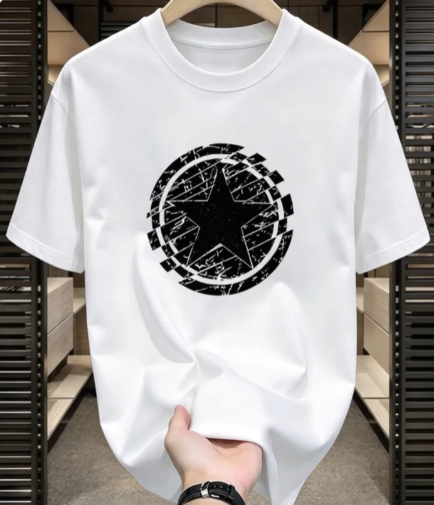 2026 Men Crew Neck Short Sleeve Distressed Circular Five-pointed Star Graphic Print Tee, Loose Retro Streetwear Summer Tops