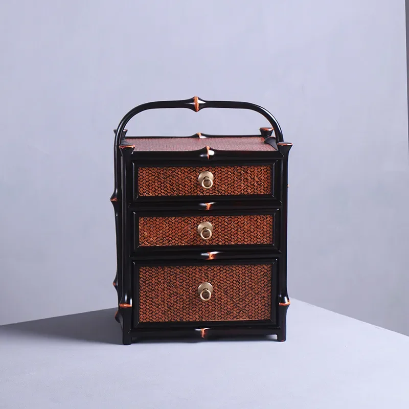 Retro Bamboo Woven Storage Cabinet Portable Tea Set Organizer Small Shelf With Drawers Natural Furniture Home Decor Display