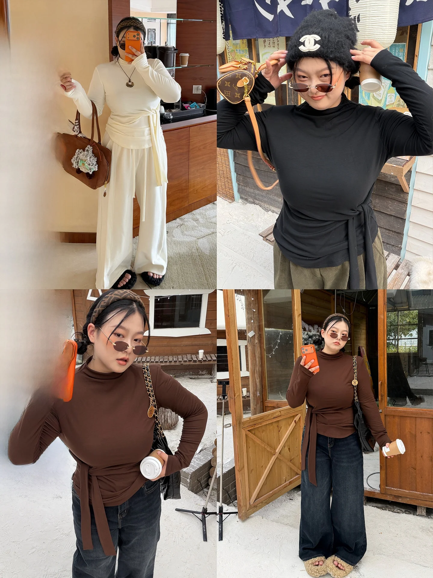 

a Zhou Home plus Size Fce Lined Belted f High Collar Base irt Slimming Waist Effect Inner Layer Women's T-irt