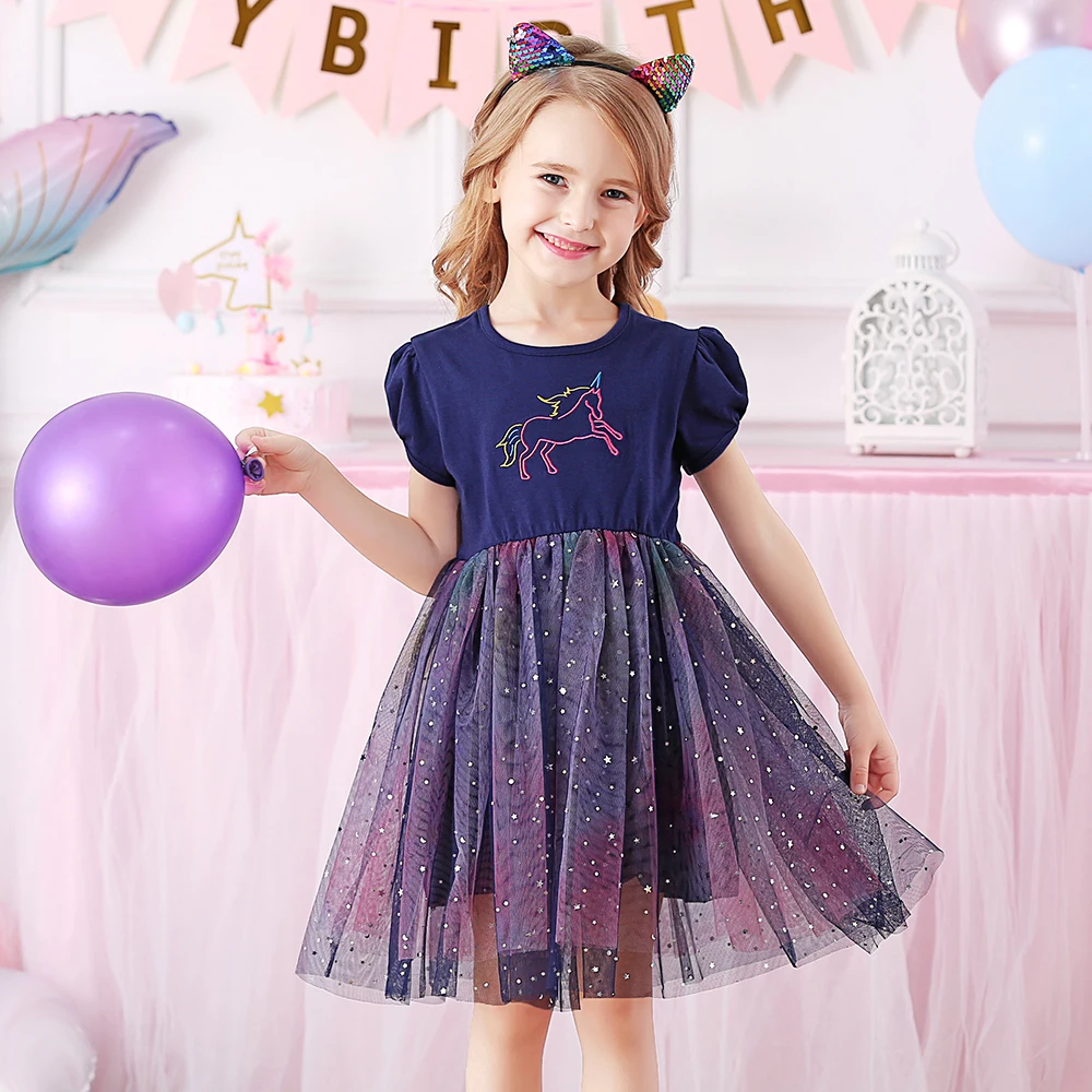 VIKITA Kids Summer Short Sleeve Princess Dress Girls Gradient Unicorn Embroidery Dress Children Birthday Party Casual Dresses