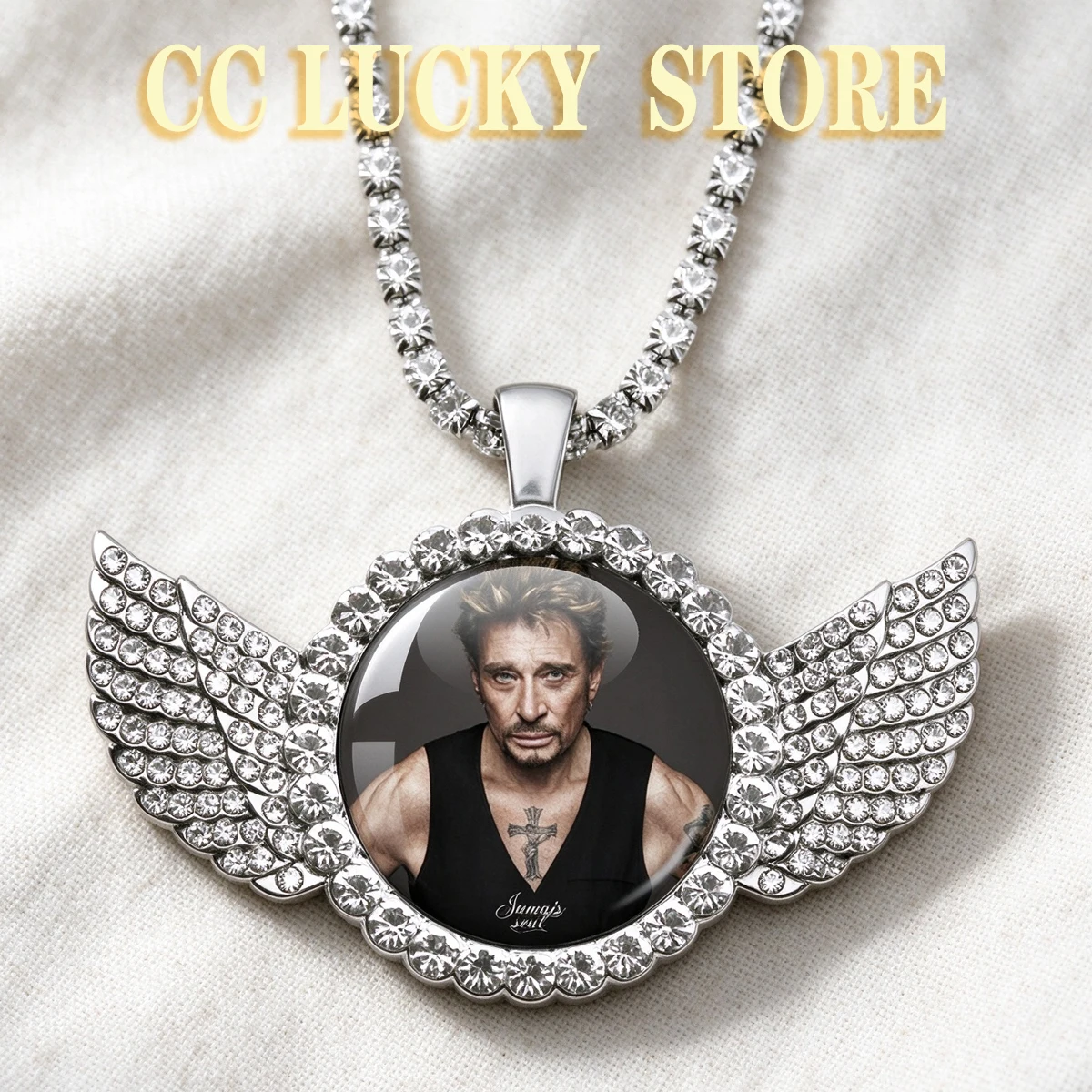 Rock Star Angel Wing 25MM Glass Cabochon Necklace Johnny Hallyday Necklace  Art Poster Glass Handmade  Jewelry Gift