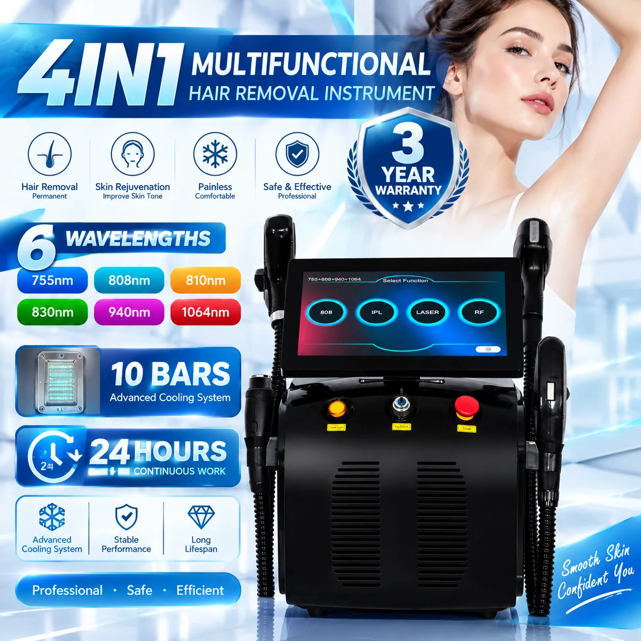 5000W  New 4 In 1 Diode Lase Pico 808 Carbon Peeling RF Ipl Nd Yag Picosecond  Opt Hair Removal Tattoo Removal Machine