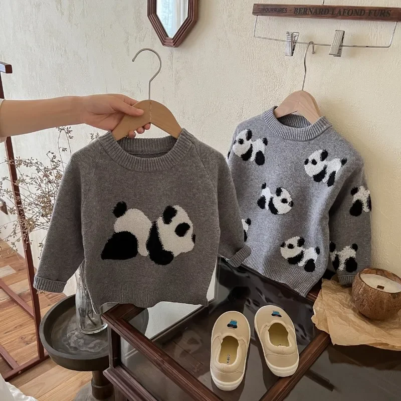 Panda Round Neck Knitted Sweater Casual Top Children's Sweater