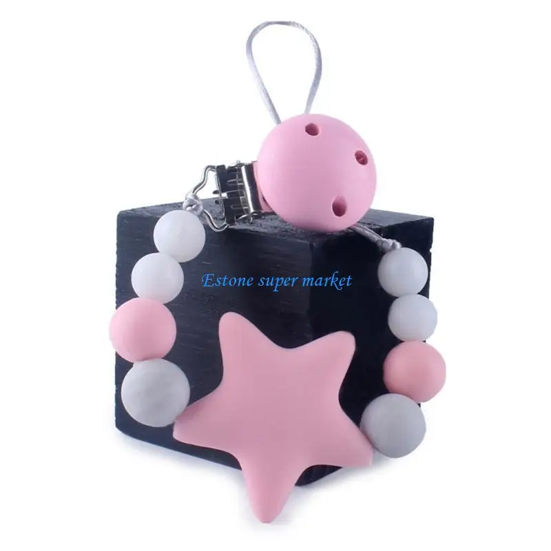 

090B Baby Pacifier Chain with Clip Silicone Beads Cartoon Star Toddler Shower Gift