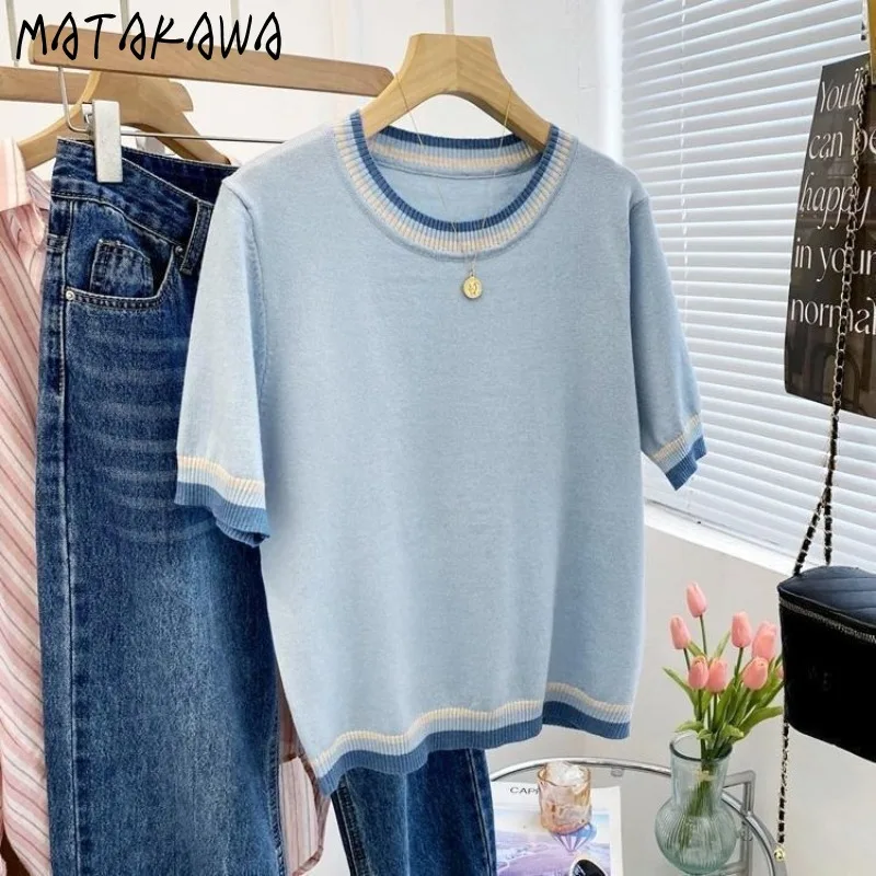 Matakawa Stripes Woman Thin Sweaters Spring Summer Versatile Korean Fashion Pullovers Short Sleeve Casual Elegant Pulls Femmes
