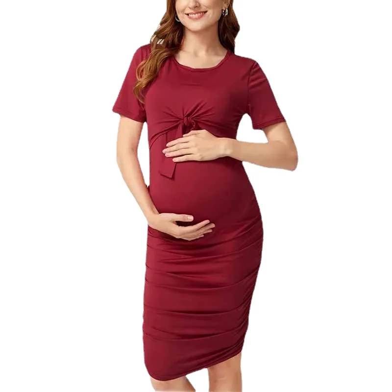 Women's Faux Wrap Maternity Dress with Adjustable Belt O Neck Breastfeeding Pregnancy Dresses Casual Nursing Dress