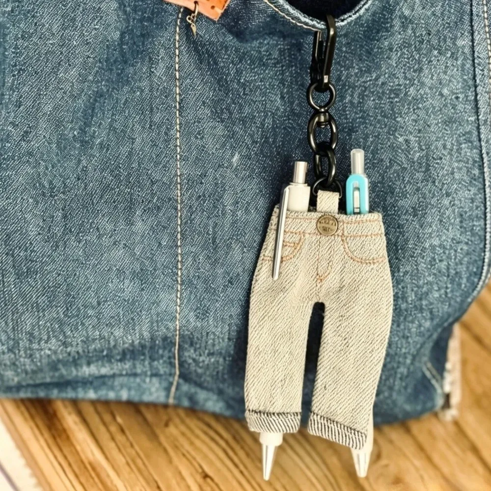 Universal Denim Jeans Pen Bag Creative Retro Trousers for Pens with Keychain Mini Pen Holder Pendant Office