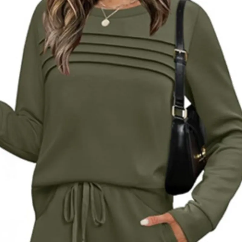 Conjuntos de duas peças femininas novo outono terno de manga longa o pescoço superior casual calças de cintura elástica calças de perna larga terno roupas femininas