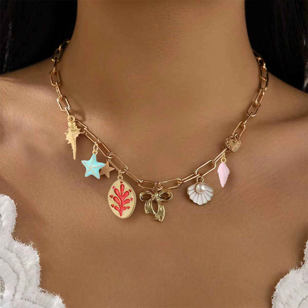 Cute Sea Star Shell Summer Necklace for Women  Gold Color Pendant Woman\'s Collars Long Stainless Steel Chains Butterfly Necklace