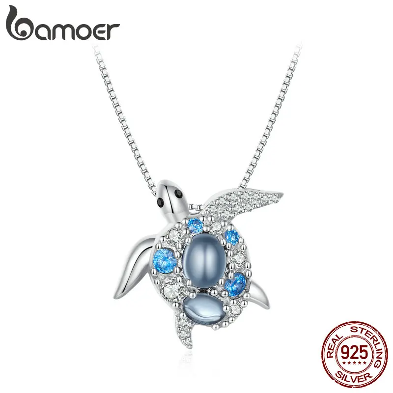 Bamoer 925 Sterling Silver Blue Spinel Sea Turtle Pendant Necklace Pave Setting CZ for Women Valentine's Day Gift