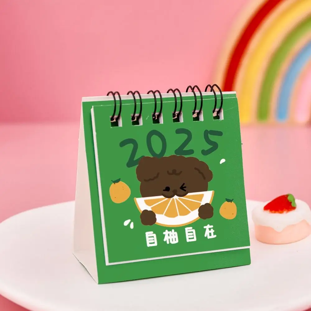 Kalender Mini kreatif 2025, buah lucu kertas tebal kartun kalender Mini daftar untuk melakukan portabel berdiri Flip kalender dekorasi meja