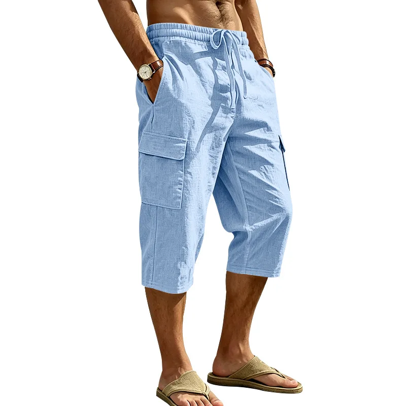 Europäische und amerikanische Sommer-Shorts aus Leinen für Herren, lässig, Outdoor, Arbeitskleidung, Pendler, Sport, Multi-Pocket, 7/8-Länge – Detail 33