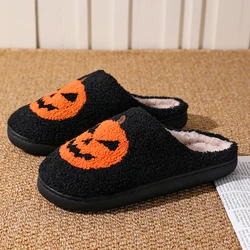 Devil Slide Halloween Pattern Embroidery Stuffed Home Plaid Furry Cotton Slippers Warm Non-slip Indoor Slipper Pumpkin  Mom Gift