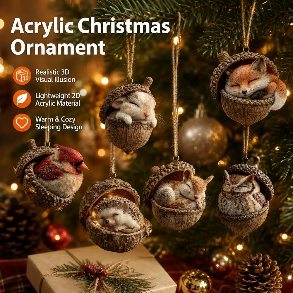 2D Acrylic Christmas Tree Hanging Ornament Sleeping Animal In Acorn Shell Realistic 3D Visual Effect XmasParty Decor 5/6/12pcs