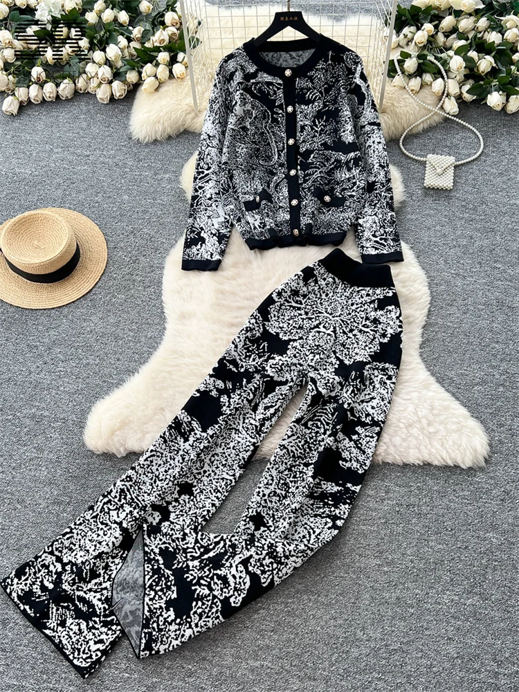Winter Women Print 2pcs Sets O Neck Single Breasted Cardigan+Wide Leg Pants Autumn Senior Casual Knit Outfits 2025костюм женский