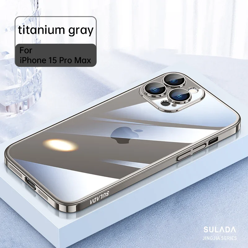 

Original Sulada Glossy Plating Frame Transparent PC Case For iPhone 15 Pro Max Plus Glass Camera Lens Protector Armor Slim Cover