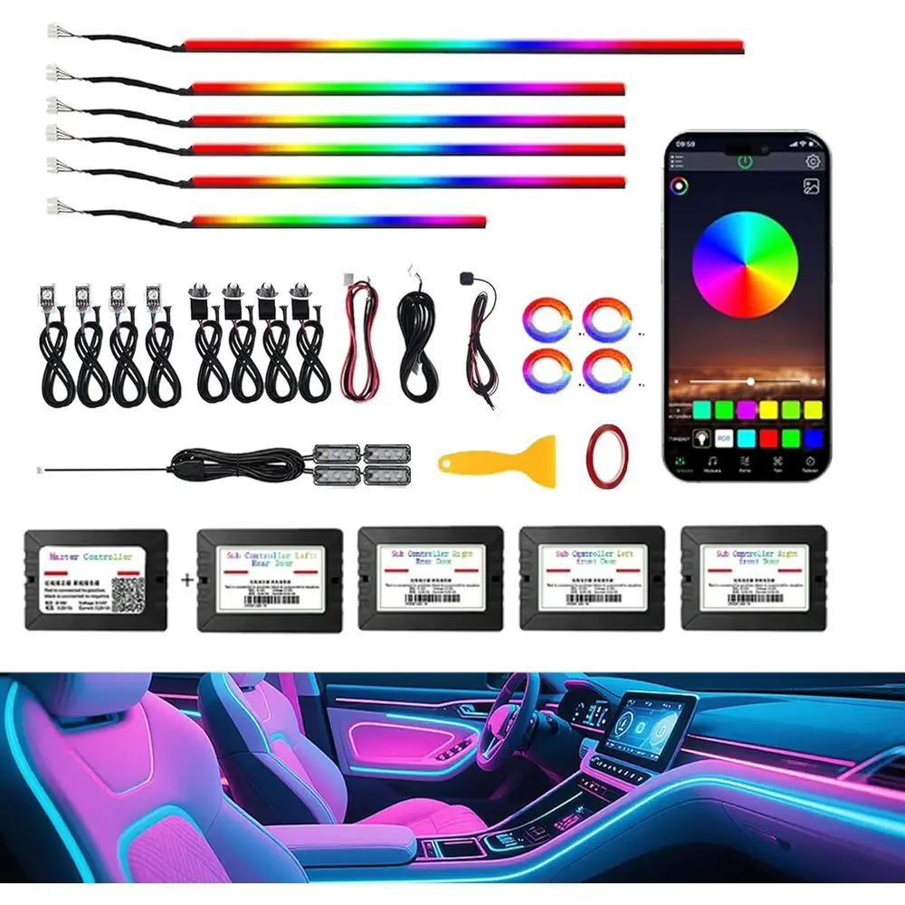 

Светодиодная RGB-лента для салона автомобиля 22-в-1, 16 миллионов цветов, акриловая подсветка Dreamcolor, 600 светодиодов, синхронизация с музыкой