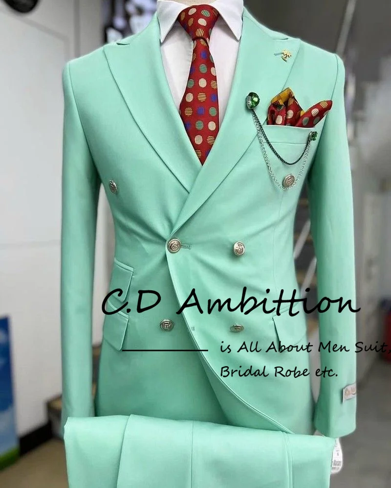 2023 Mint Groom's Wedding Suit For Boyfriend 2 Piece Luxury Men Suit Slim Fit Blazer Set Custom Made Tuxedo Jacket Gold Button