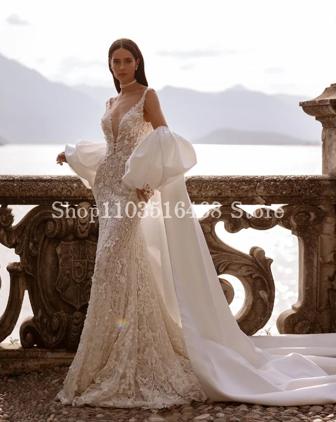 Vestido de novia de sirena con cuello Halter para mujer, traje elegante con apliques blancos, cuello en V, Formal, personalizado, largo, 2024