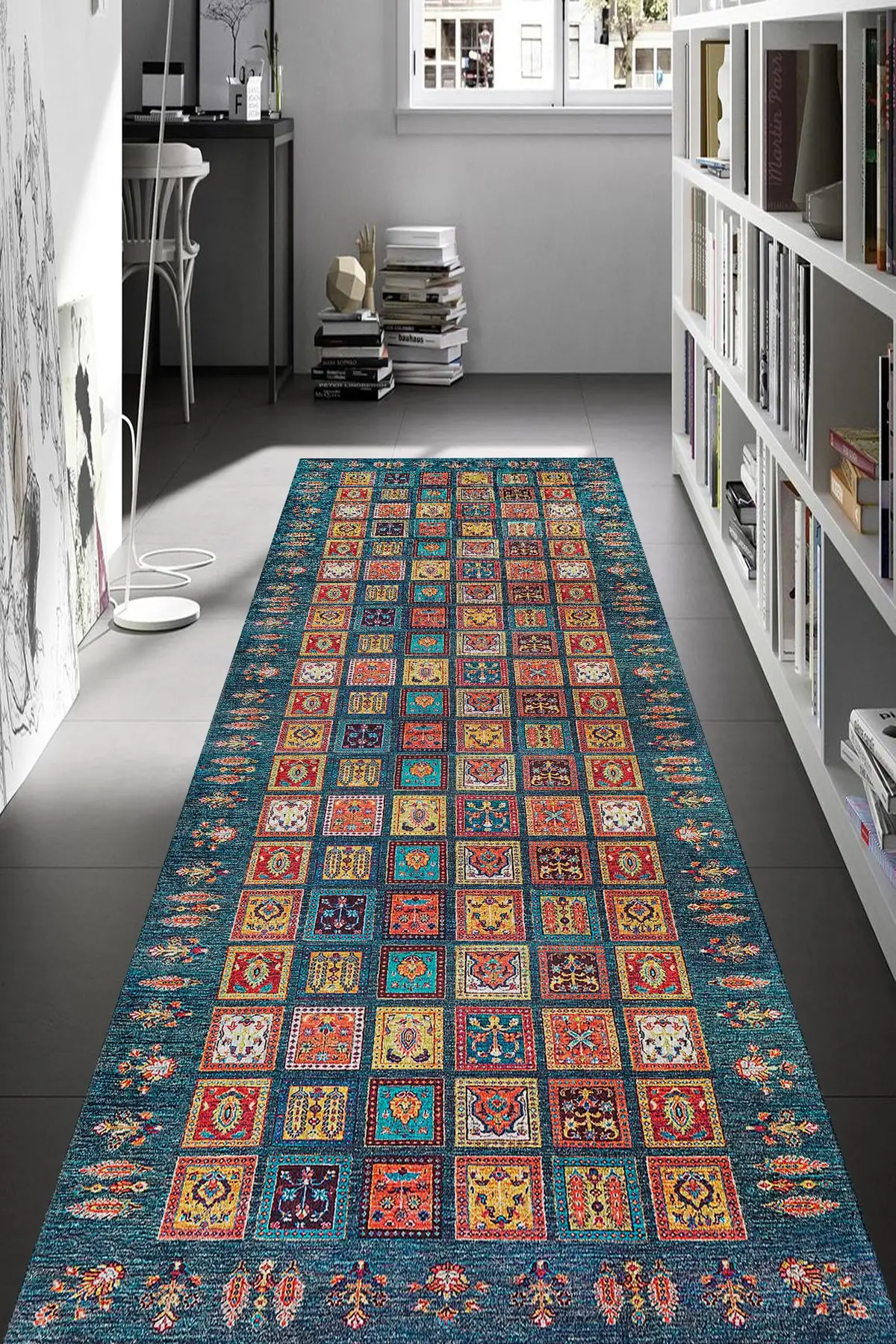 DOLBOVI blue afghan patterned carpet (machine washable Dot/felt base)-Cp649