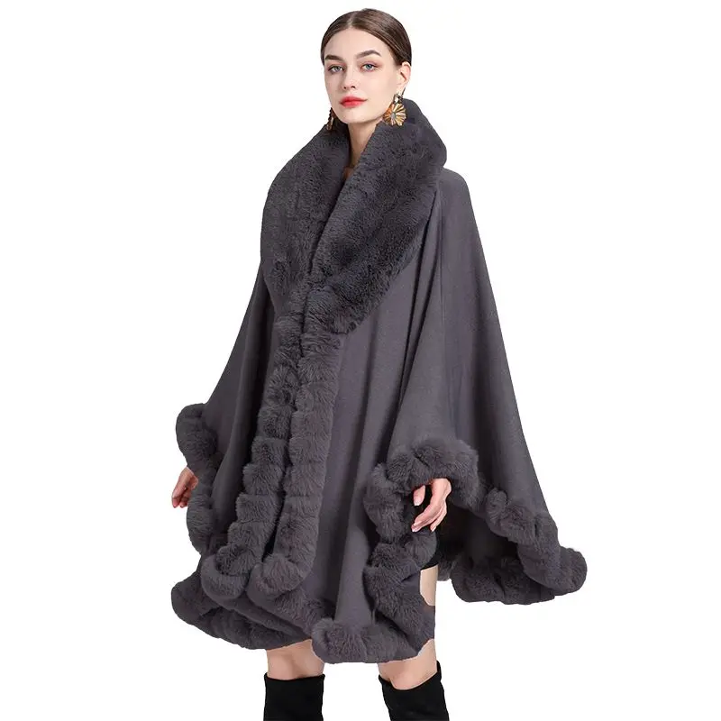 

Wholesale Elegant Women's Fall Winter Rabbit Fur Collar Cape Thick Cardigan Faux Fur Shawl With Long Fur Trim