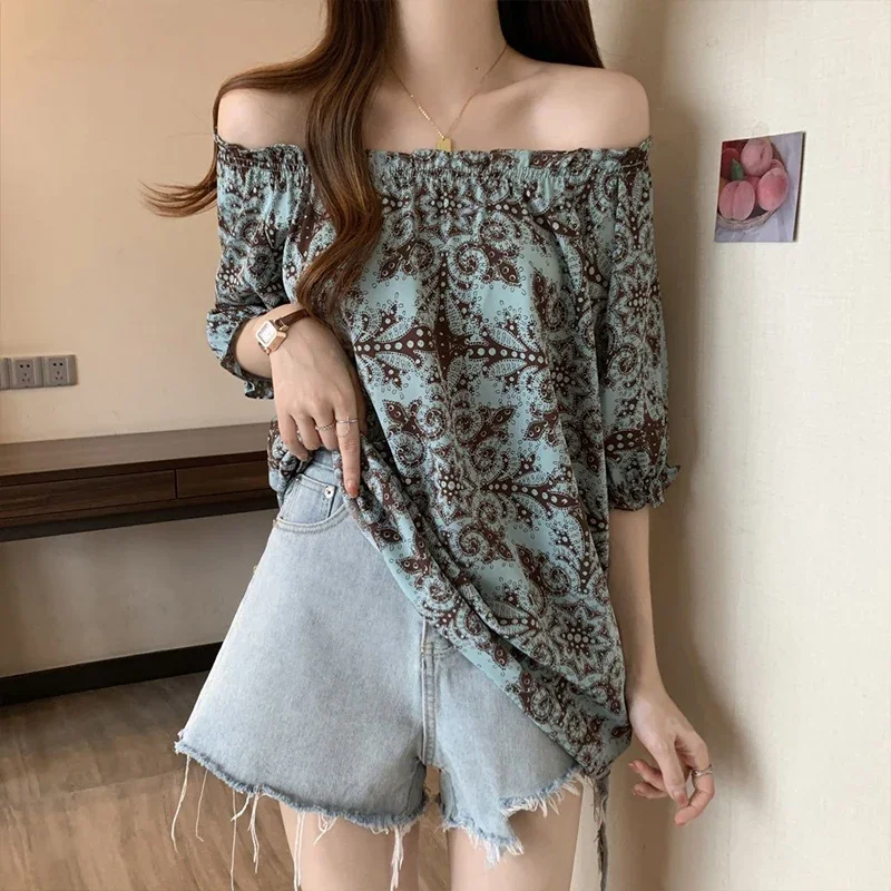 

Summer Vintage Folk Prairie Chic Sweet Young Style Folk Shirt Women Round Collar Short Sleeve Loose Casual Contrasting Color Top