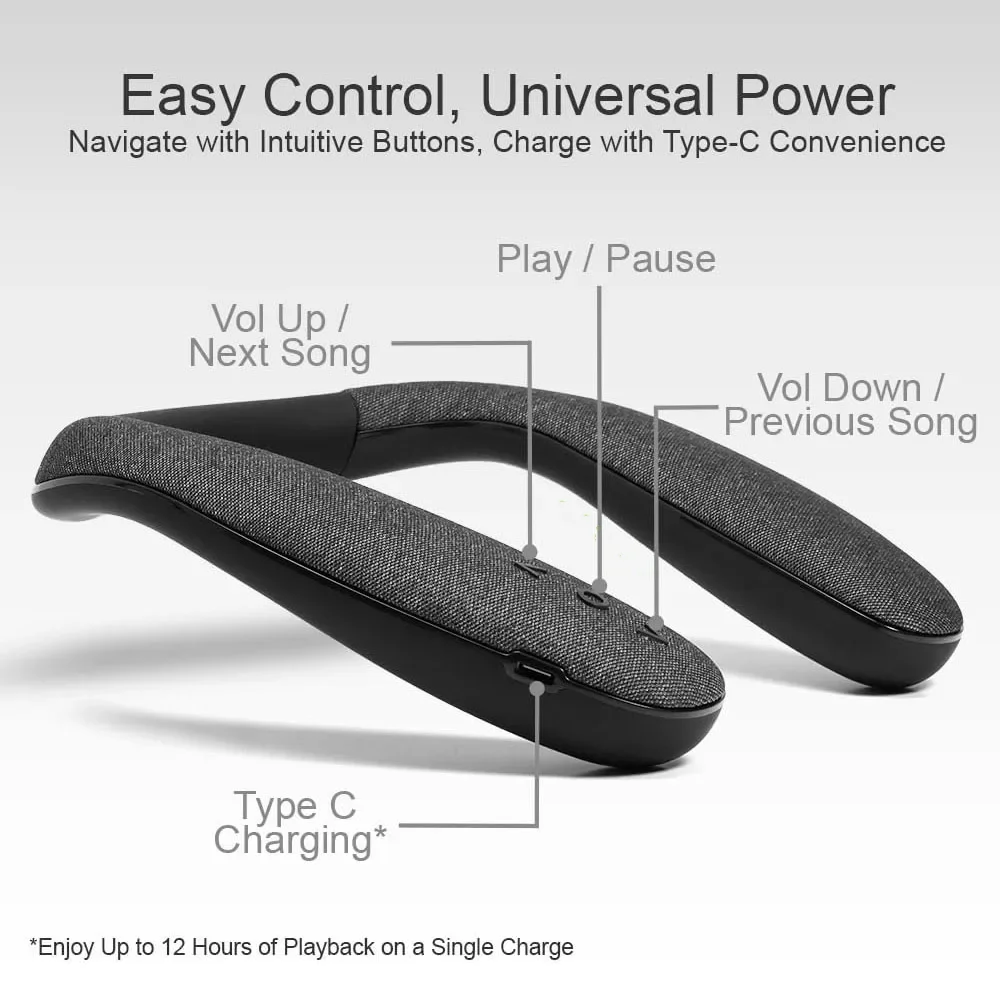 

Wireless Neckband Speaker 3D Stereo Sound 12 Hrs Play Time Low Latency for Gaming/TV Type-C Charging Wearable Speaker Bluetooth