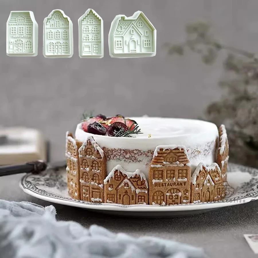 

4 шт. Рождественский узор в виде пряничного домика, резак для печенья, штамп для печенья, помадки, украшение для торта, Аксессуары для выпечки, кухонные гаджеты