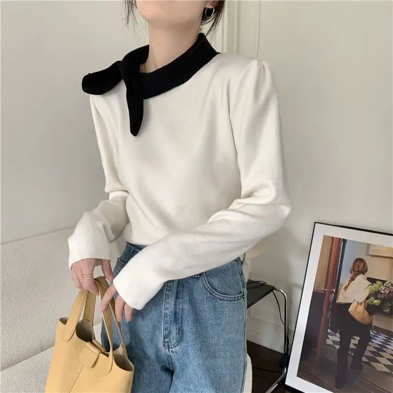 เสื้อสเวตเตอร์ดีไซน์สำหรับผู้หญิงฤดูใบไม้ร่วงฤดูหนาวใหม่สลิมฟิตด้านในแขนยาวถักด้านบน