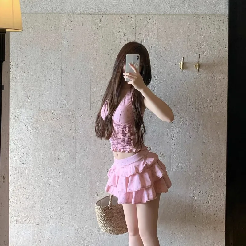 Women Pink Floral Two Piece Swimsuit Halter V Neck Ruched Top Layered Ruffle Skirt Modest Bathing Suit for Hot Spring Vacation - Image 3