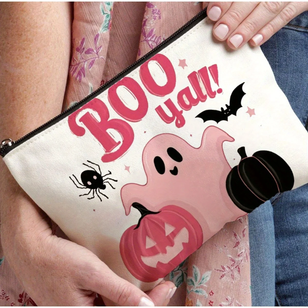 AHalloween – trousse de maquillage à motif de citrouille fantôme rose, pochette multifonctionnelle à fermeture éclair, sac de rangement de bijoux, petite fermeture éclair de voyage parfaite