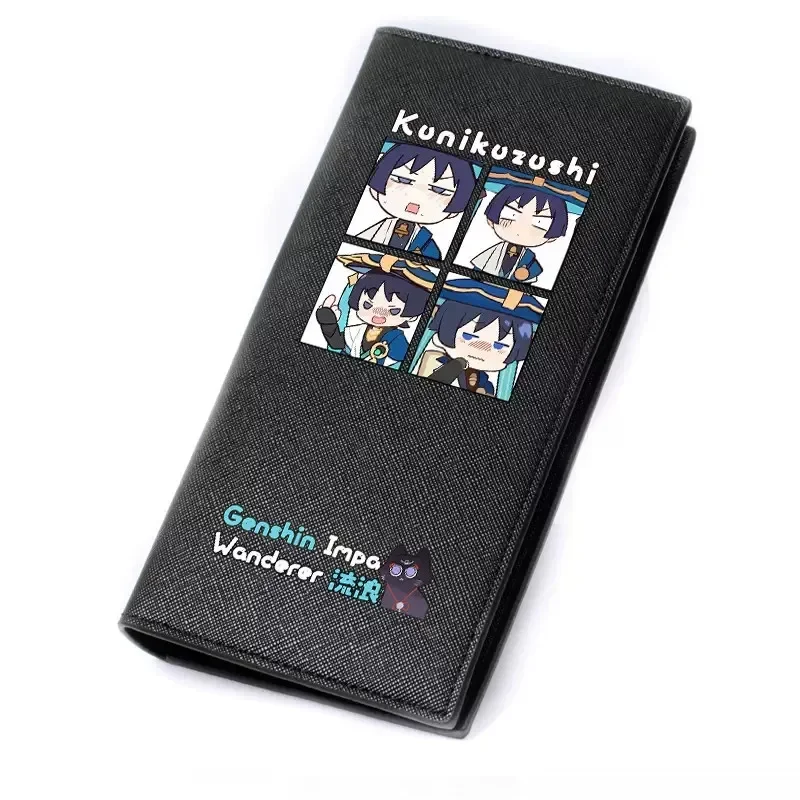 Anime genshin impacto preto moeda bolsa scaramouche cosplay carteira dobrável para homens mulheres couro do plutônio longo curto moda carteiras