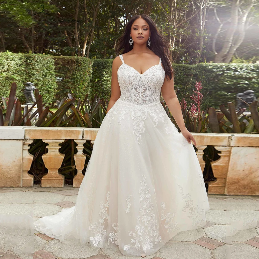 

Elegant Spaghetti Straps Wedding Dresses Plus Size V Neck Bride Gowns Appliques Sweep Train A-Line Tulle Vestido De Noiva 2023