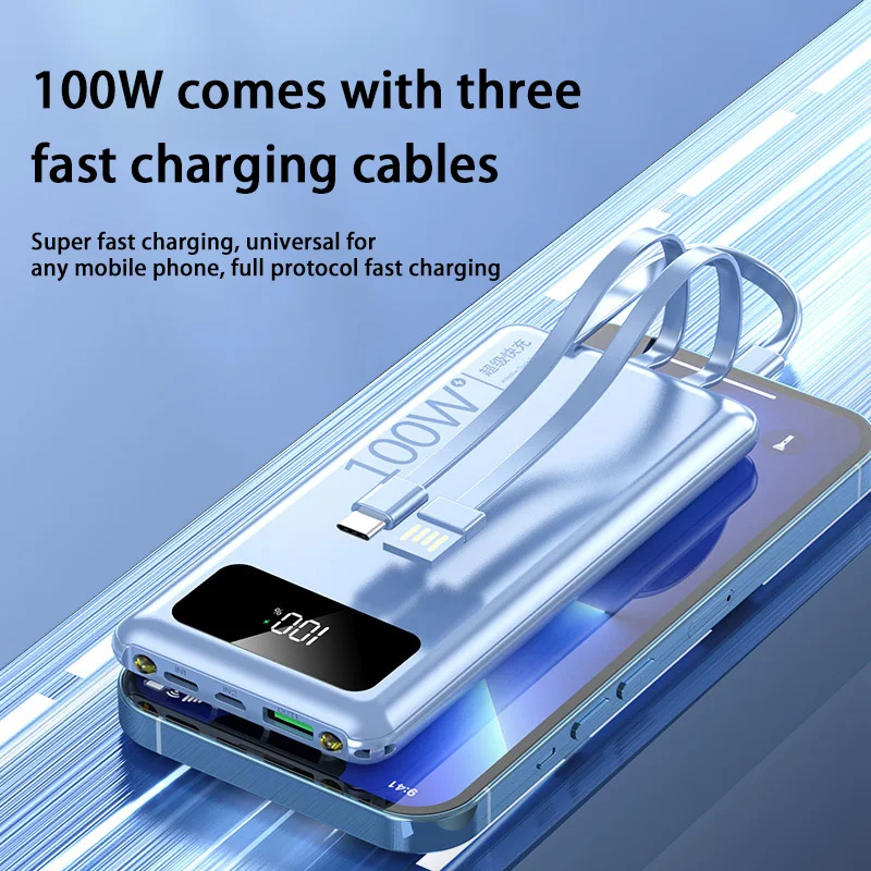 100W Power Bank Super Fast Charging 20000mAh Three Cables Large Capacity Full Protocol Fast Charging Portable Outdoor Essential