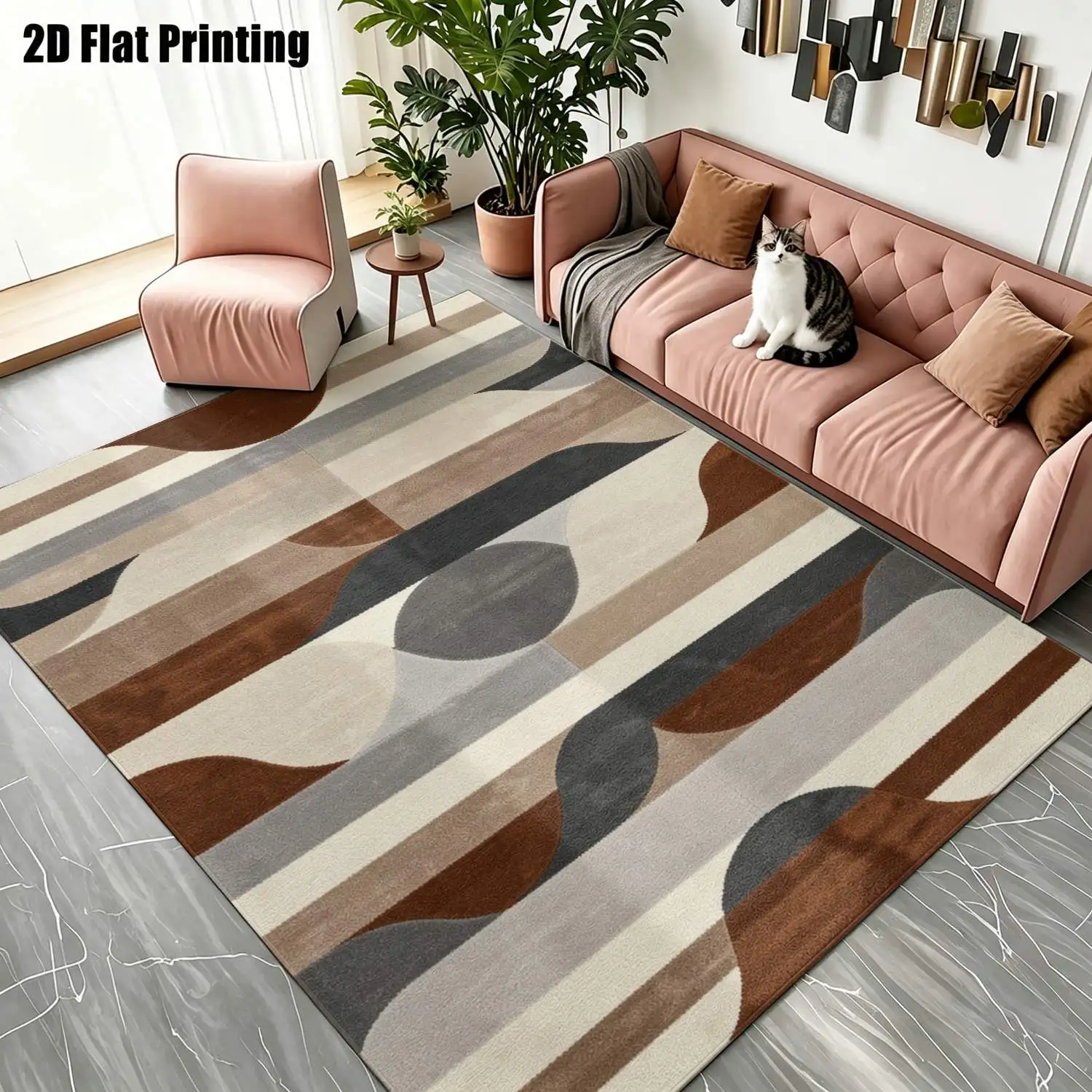 1Pc 2D Printed Brown-Grey Geometric Abstract Nordic Carpet, Suitable for Minimalist/European/Vintage/Geometric Interiors, Machine Washable, Multi-Size, Ideal for Home Decor & Multi-Scene Use