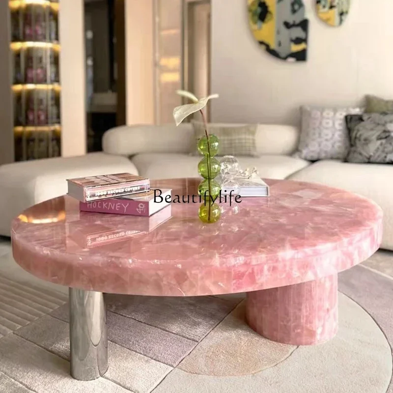 

Natural Pink Marble Tea Table Mild Luxury Marble round Coffee Table Italian Style