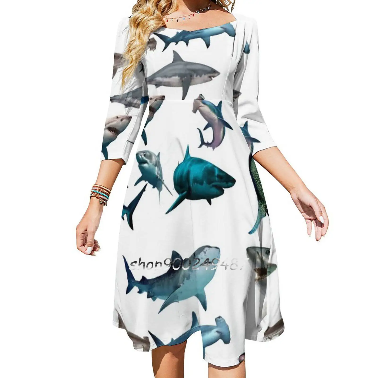 Sharks Sweetheart Knot Flared Dress Fashion Design Large Size Loose Dress Shark Sharks Hammerhead Tiger Shark Great White Shark