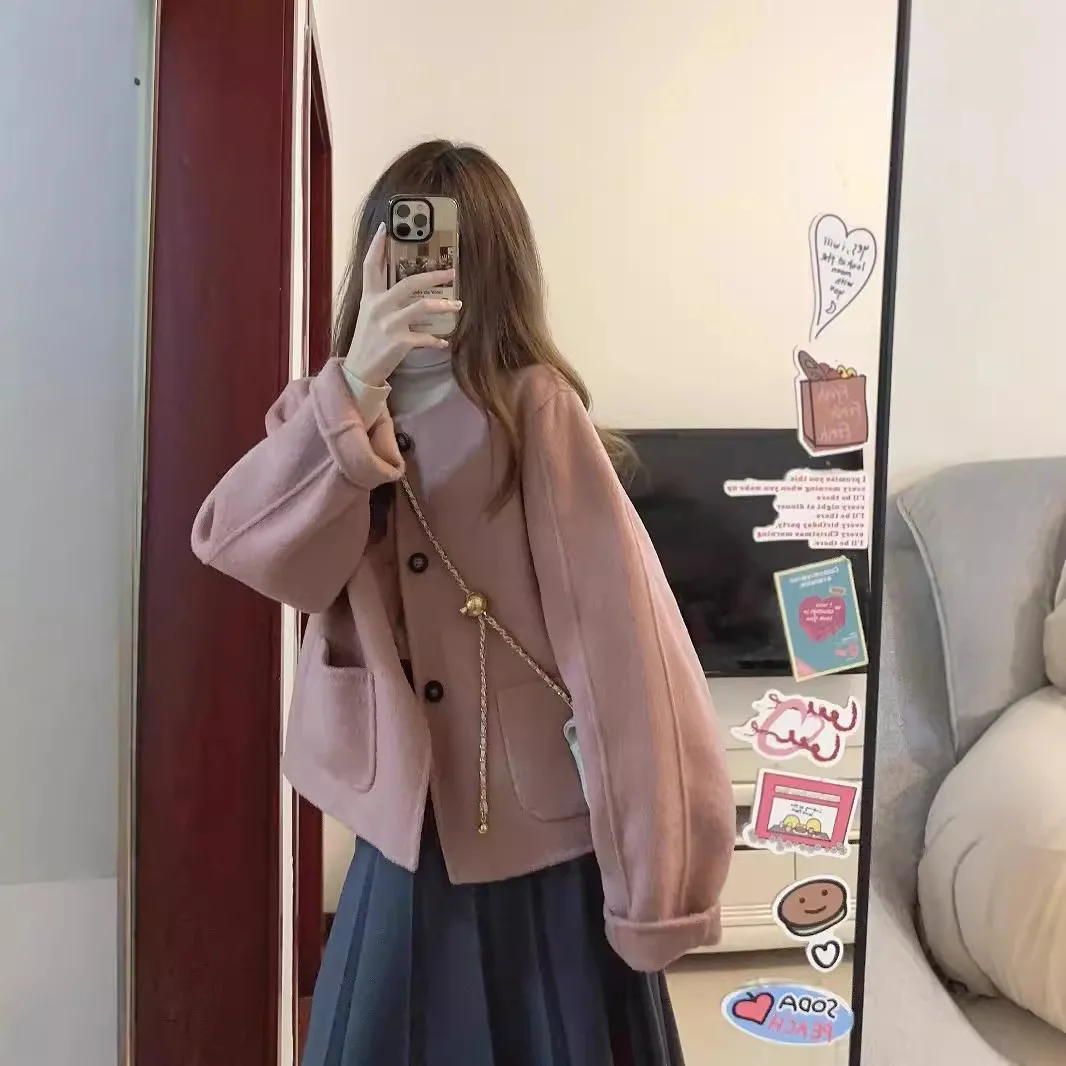

Women Wool Coat Short Jacket Woolen Overcoat Pockets Round Collar Single Breasted Office Lady Autumn Winter Vintage Outerwear