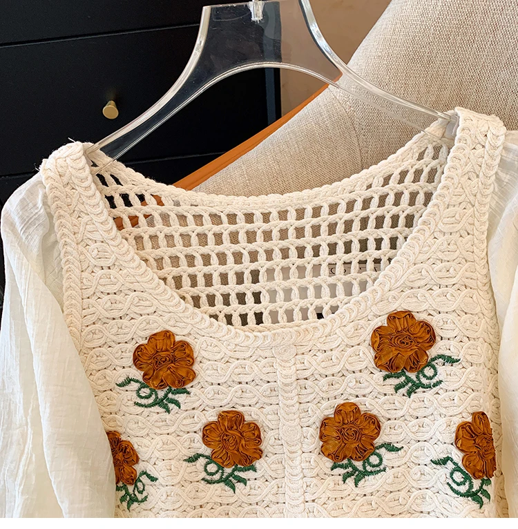 Top de ganchillo para mujer, blusa de punto abierta con bordado Floral y ojal, manga abombada, traje de vacaciones bohemio para primavera y verano