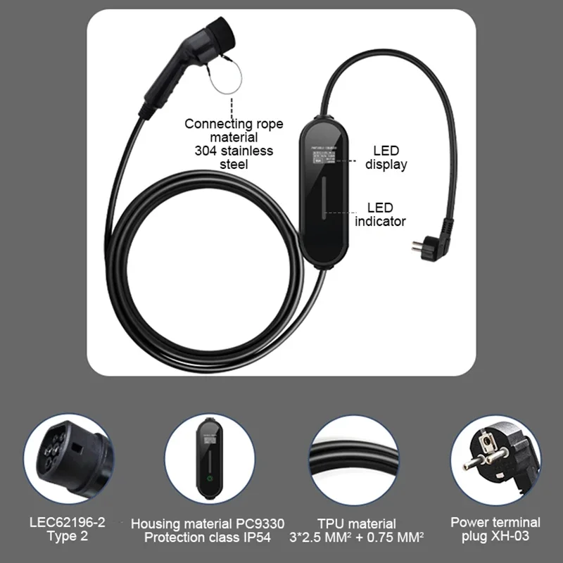 การชาร์จแบบพกพาแบบชาร์จ2 EV เครื่องชาร์จ3.5KW 10A 8A 13A 16A ชาร์จในรถ EV สำหรับบ้าน