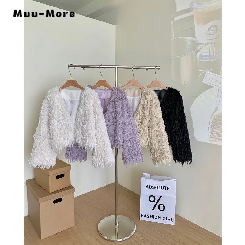 2023 Winter Korean Clubwear Style V-neck Wide Waisted Fur Jacket For Women Luxury Fashion Elegant Sexy Slim Warm Solid Coat