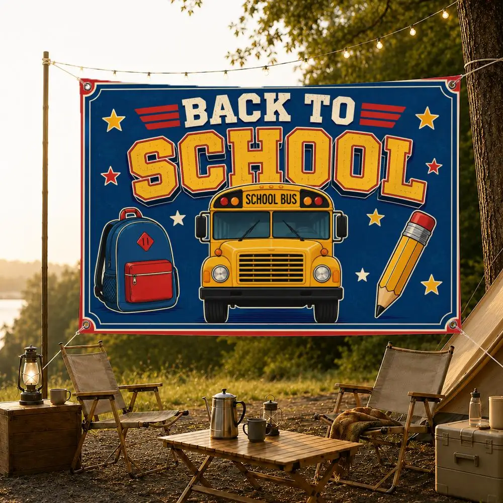 Vintage Back To School Bus Flags Fade Resistant Flag Washable Lightweight HD Print Indoor Outdoor All-Weather