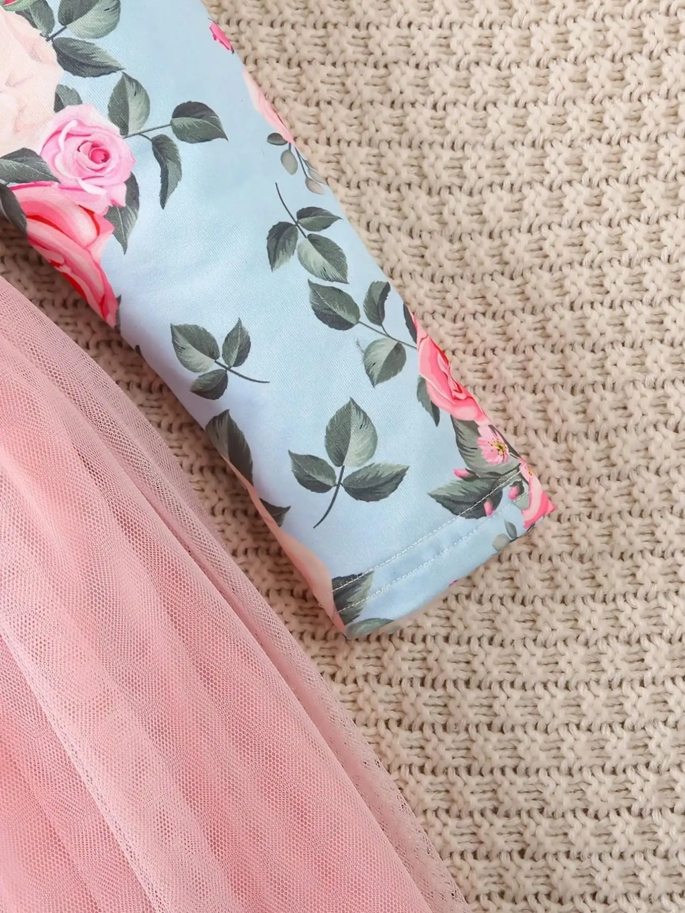 Kinder Vintage Blumen-Tutu-Kleid Langarm Hellblaues Oberteil Tüllrock Große Schleife an der Taille Bequeme Passform Alltagskleidung – Detail 7