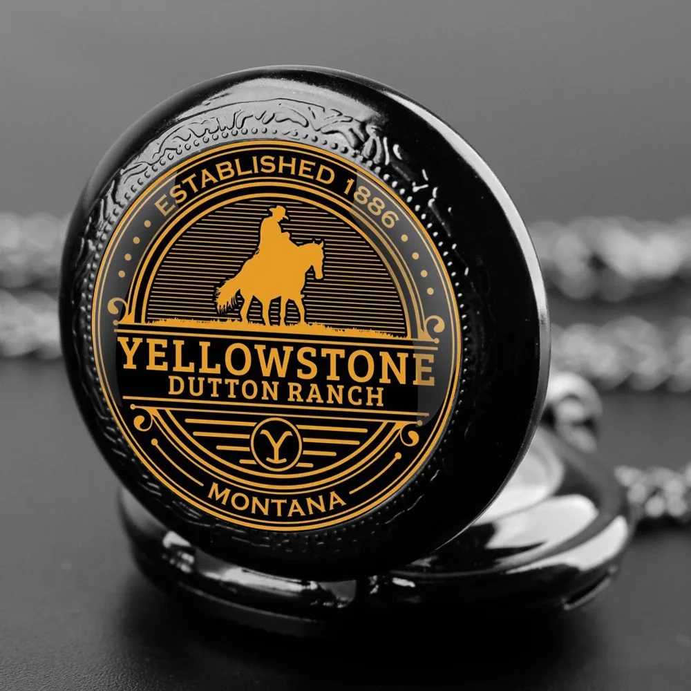 Yellowstone Glass Dome Pocket Watch with Chain Necklace Vintage Quartz Pendant Watches Mens Women Gift