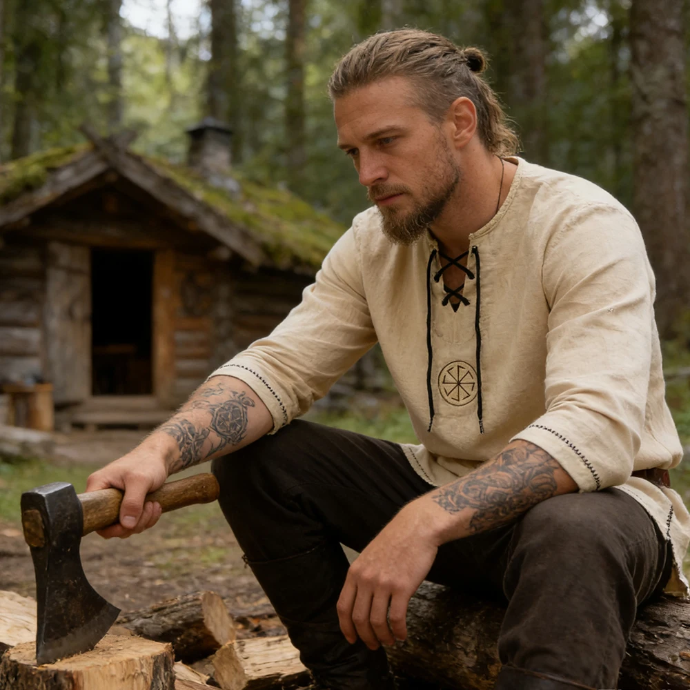 

Men's Viking Vegvisir Tunic Medieval Linen Shirt Norse Renaissance Lace Up Long Sleeve Cosplay Costume