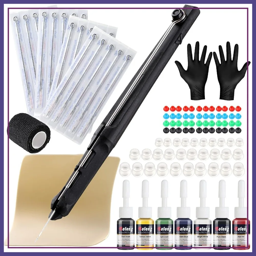 

Professional Tattoo Hand Poke Stick Kit DIY with Ink Gloves 20PCS Needles