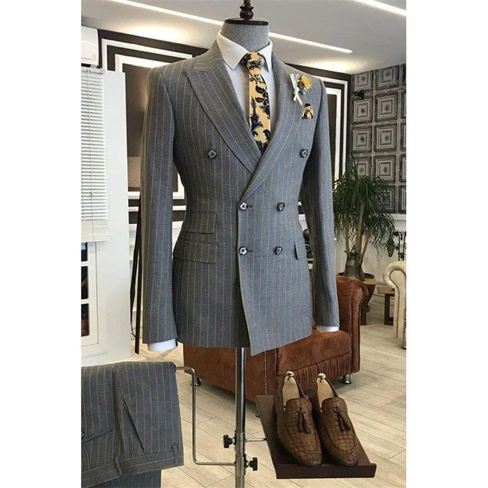 

Grey Grid Men Suits Double Breasted Peak Lapel Stylish Banquet Celebrity 2 Pieces Jacket Pants Classic Male Clothing Fashion
