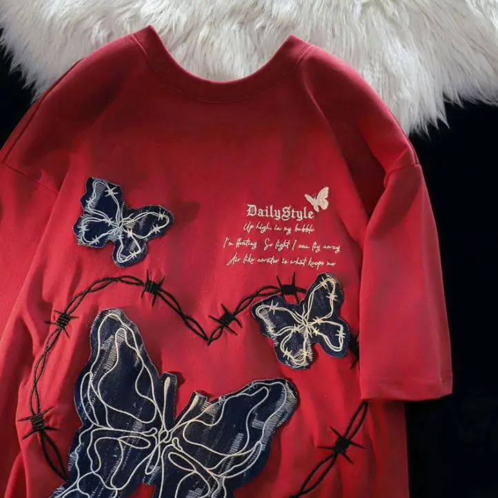 Summer High Street Butterfly Personality Graphic Short Sleeved American Couple Hip-Hop Loose Casual T-Shirt Top 2024 New