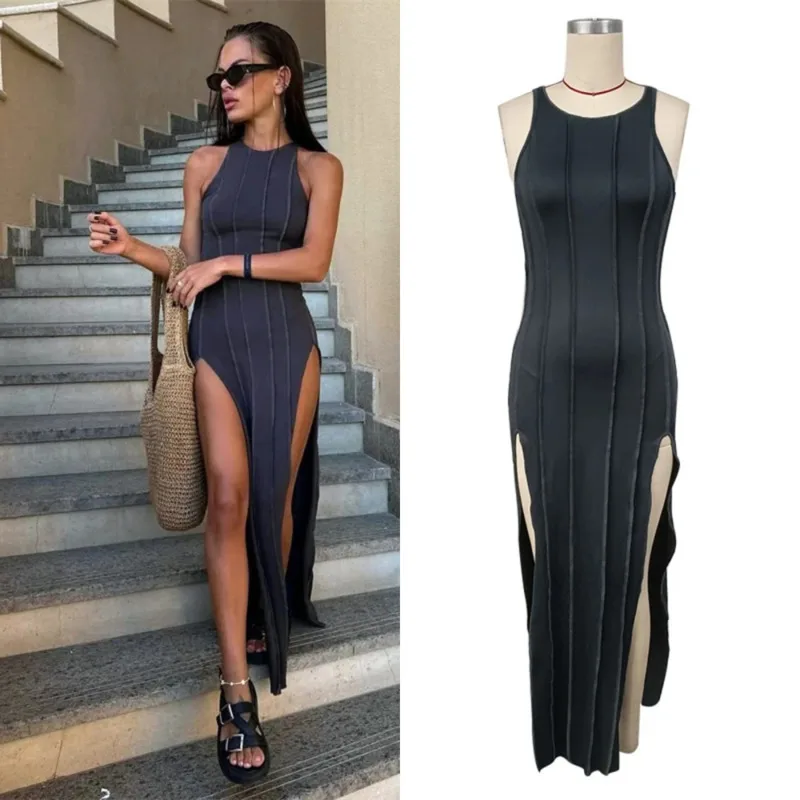 

Post-Apocalyptic Cut-Out Sleeveless Dress Gothic Slim-Fit Double-Slit Fishtail Seamed Dress New Trendy Statement Dress For Women