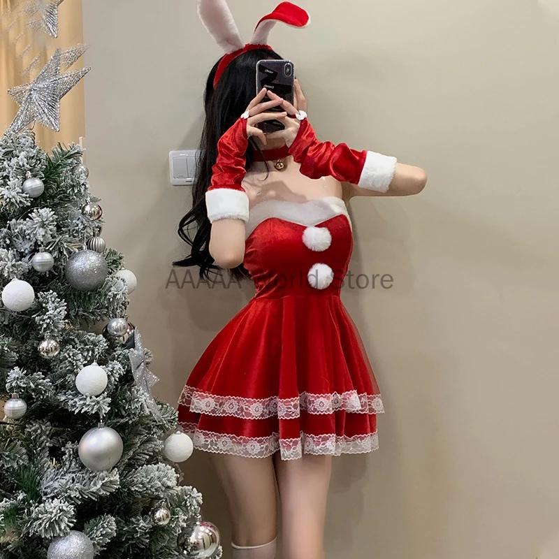 Woman Christmas Red Dress Sweet Bunny Girl Costume Rabbit Woman Set Bunny Suit Sexy Lingeries Lady Cosplay New Year Maid Uniform